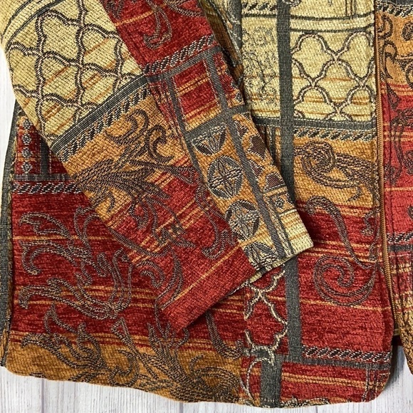 CJ Banks Tapestry Full Zip Burgundy Red Orange Brown Cream Floral Swirl Blazer - Picture 9 of 16